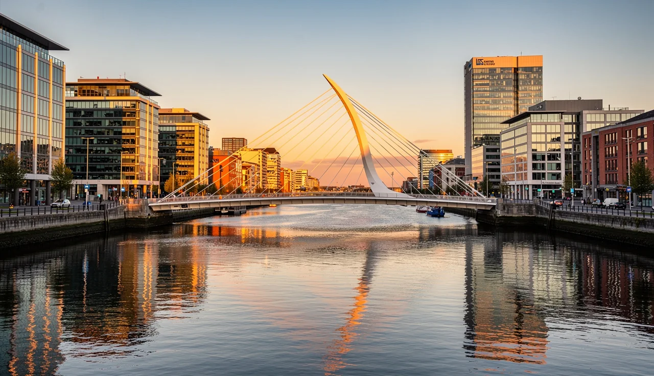 Quartier des docks de Dublin et pont Samuel Beckett, illustrant la société offshore en Irlande