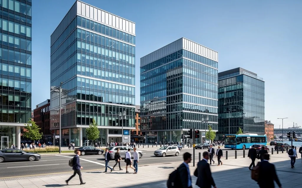 Façades de bureaux du centre financier international IFSC à Dublin sous un ciel nuageux